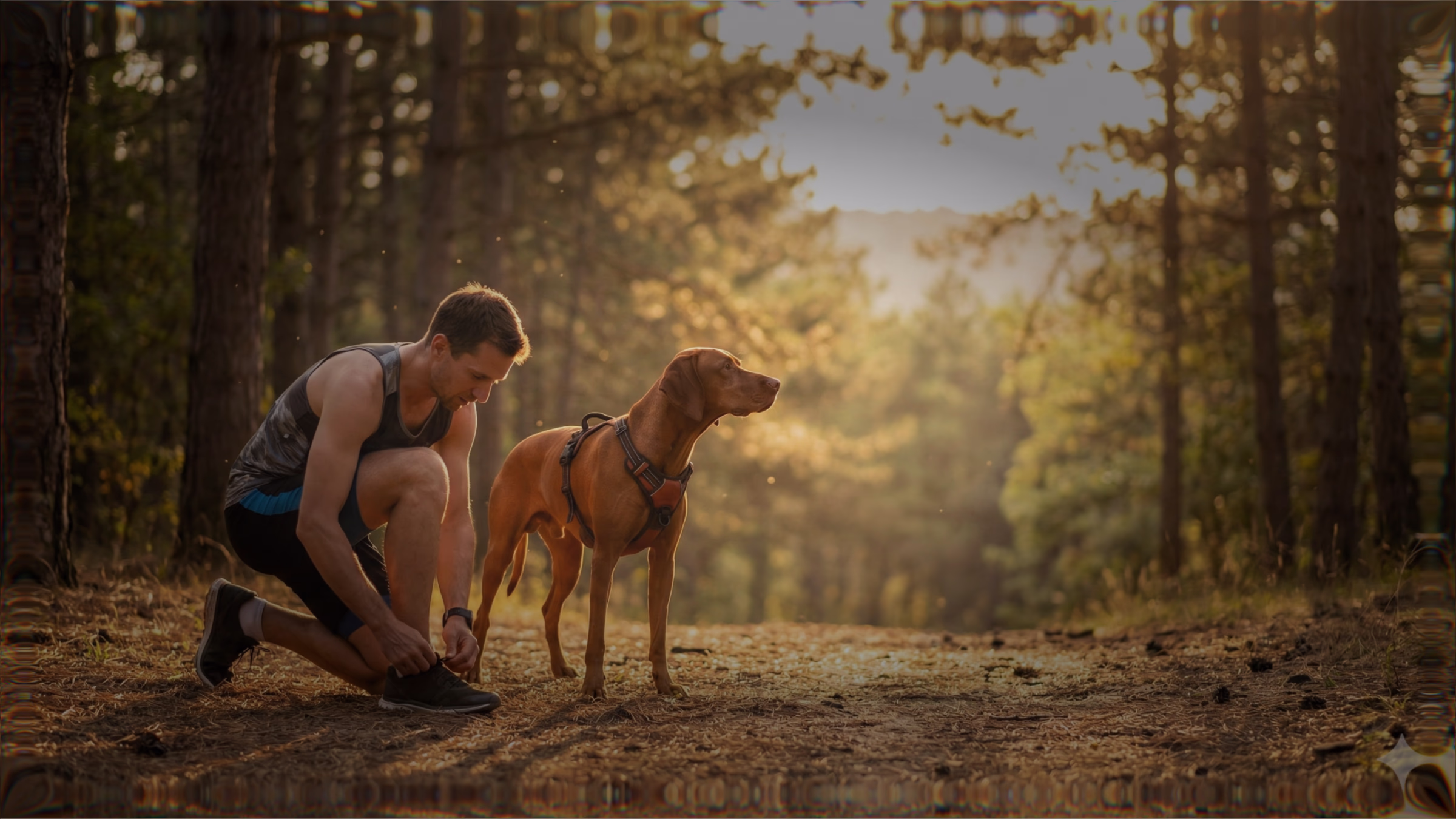 Dog jogging outdoors with a runner in a healthy, energetic setting.